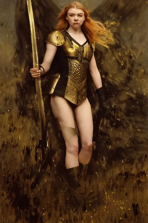 Image similar to redhead natalie dormer wearing black and gold medieval armour, bare legs, detailed, by gaston bussiere, bayard wu, greg rutkowski, giger, maxim verehin, greg rutkowski, masterpiece, sharp focus, cinematic lightning