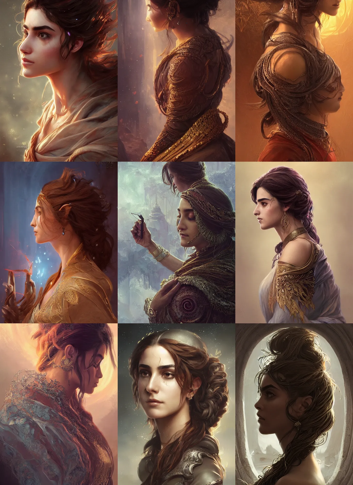 Prompt: Sorcerer, Maya Ali, side profile portrait, sweat drops, fibonacci fractals, insane, intricate, highly detailed, digital painting, artstation, concept art, smooth, sharp focus, illustration, Unreal Engine 5, 8K, art by artgerm and greg rutkowski and alphonse mucha