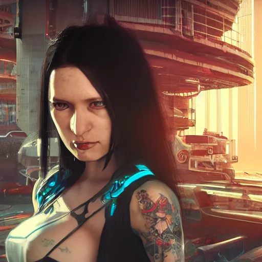 Prompt: a woman with long black hair and a tattoo on her arm, cyberpunk art by du jin, cgsociety, retrofuturism, movie still, playstation 5 screenshot, futuristic