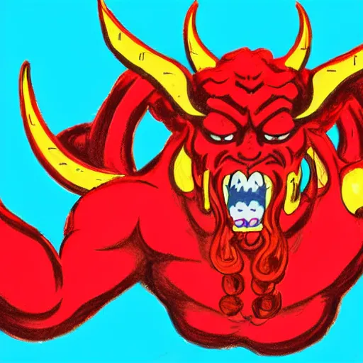 Image similar to full body drawing of a muscled horned Satan Devil , swimming tuxedo, red flames in background
