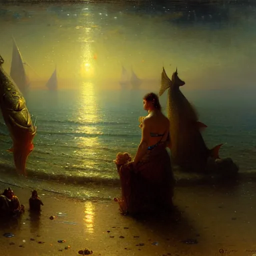 Image similar to point of view of botom of the ocean looking up, see fishes, the milk way, night time, midnight, no sunlight. highly detailed painting by gaston bussiere, greg rutkowski 8 k