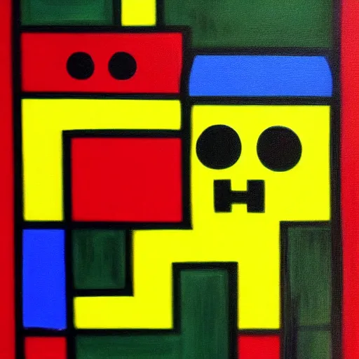 Image similar to a painting of pac - man!! being chased by 4 ghosts art by mondrian