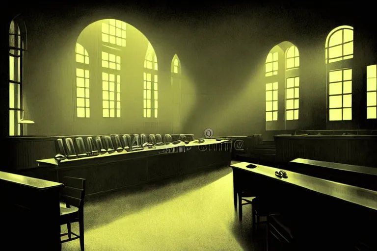 Image similar to editorial illustration by Karolis Strautniekas and Mads Berg, courtroom the bench, fine texture,detailed, matte colors,film noir, dramatic lighting, dynamic composition,moody