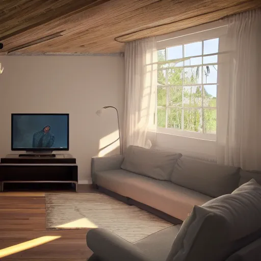 Image similar to the view of a cozy family room and specs of dust floating in the outline of a human figure who is suddenly no longer there, sun beam, ultra realistic, lonely, 8K, UE5