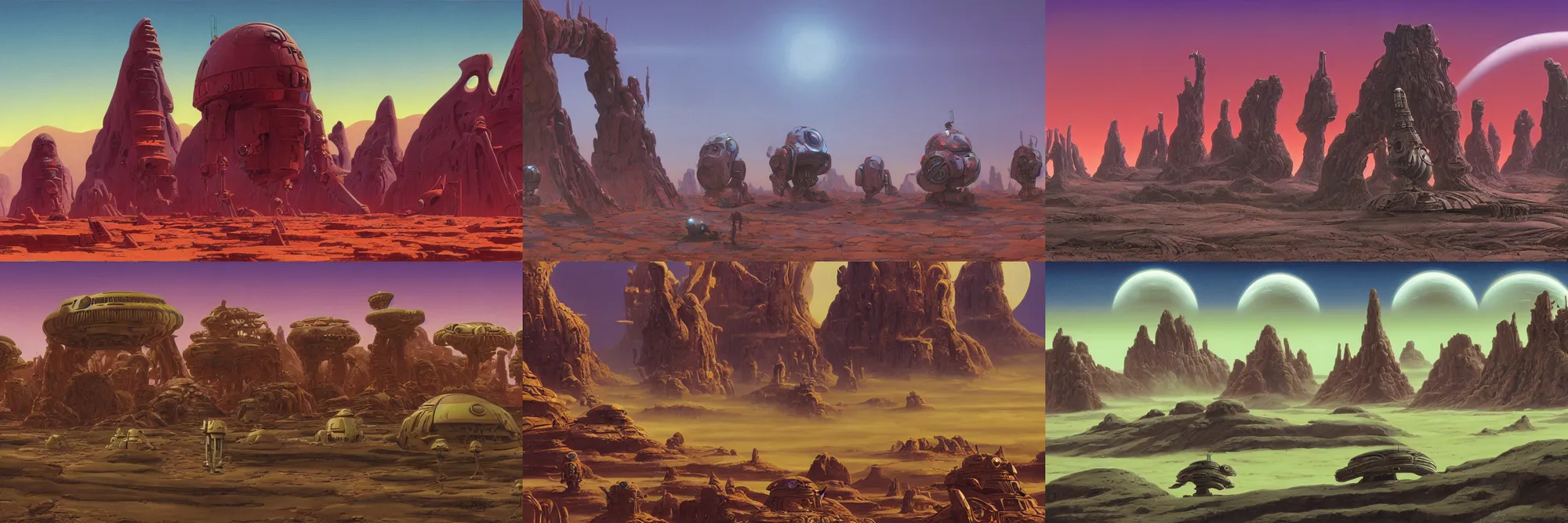 Prompt: matte painting of droids in an abstract alien landscape by moebius and Roger Dean, detailed, technical, artstation