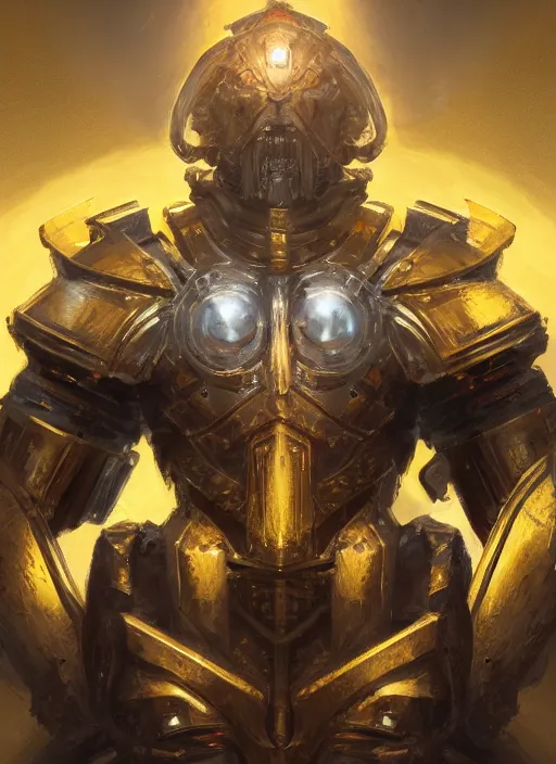Image similar to dynamic abstract portrait of a intricate glorious holy mechanical warforged character in yellow armor holding a paladin engraved great longsword drawn and carrying a big paladin shield, spotlight from face , epic , trending on ArtStation, masterpiece, cinematic lighting, by Greg Rutkowski and by Ross Tran