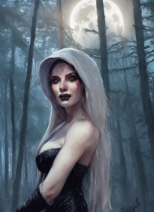 Prompt: close - up portrait of an attractive witch in front of the full big moon in a fantasy forest, white leather bra, by james gurney, max liebermann, greg rutkowski, highly detailed digital art, artstation