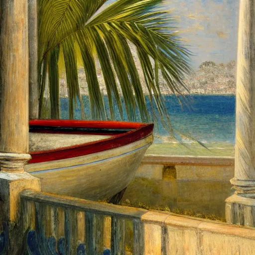 Prompt: a ultradetailed beautiful painting of a old boat in the amazonas palace balustrade designed by jules bastien - lepage, tarsila do amaral, frank weston and gustave baumann, beach, trending on artstation, mediterranean, palm trees, sharp focus, soft light, 8 k 4 k