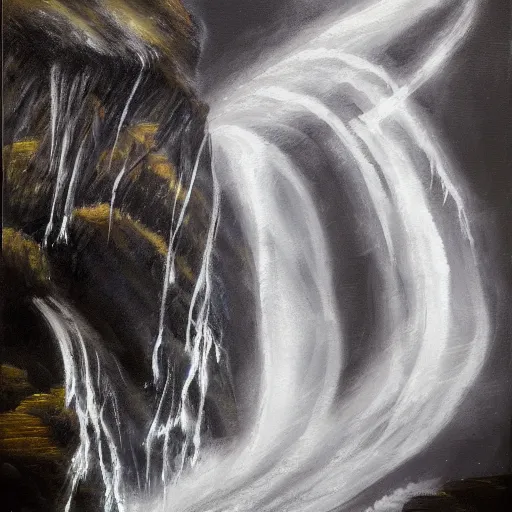 Image similar to oil painting of a dragon flying in the air near a cave with a waterfall in the center, light emanating from the waterfall leading to a big pool of water, dragon has black and white siberian tiger stripes, elegant, sharp focus, wide shot, clear, detailed, early renaissance