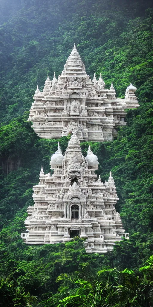 Image similar to colossal and beautiful hindu temple, ornate architecture, carved in white marble, cliffside, lush jungle, atmosphere, dramatic lighting, epic composition, close up, low angle, wide angle, by miyazaki, nausicaa ghibli, breath of the wild
