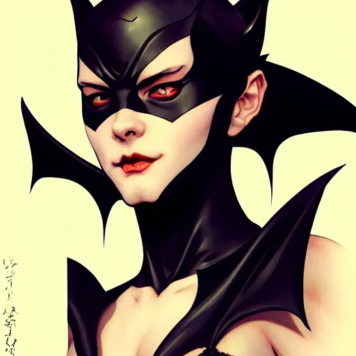 Image similar to 3 / 4 view of a portrait of bat woman with bat wings, confident pose, pixie, genshin impact,, intricate, elegant, sharp focus, illustration, highly detailed, concept art, matte, trending on artstation, anime, art by wlop and artgerm and greg rutkowski, marvel comics h 6 4 0