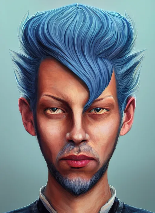 Prompt: head-on symmetrical centered painted portrait, a smiling bald androgynous man with no beard with completely blue skin in his twenties as a D&D wizard, fantasy, intricate, elegant, highly detailed, digital painting, smooth, sharp focus, illustration, artstation, in the style of Artgerm and Anna Podedworna and Charlie Bowater and Michael Garmash