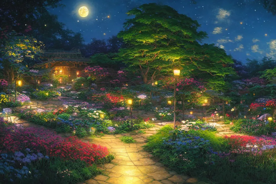 Prompt: A painting of a garden under moonlight with glowing fireflies and blooming flowers by makoto shinkai, thomas kinkade, james gilleard, very detailed, tone mapping, super wide angle