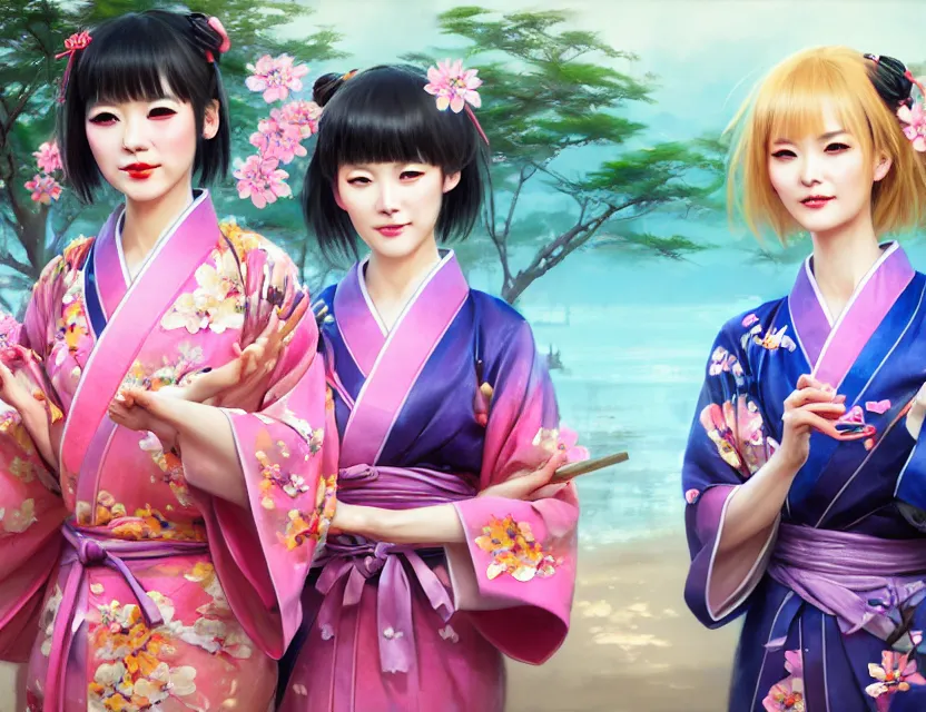 Image similar to two beautiful fashion taiwan girls wear fantasy yukata in festival | | big eyes, sunny, dreamlike art, realistic shaded, smile, good looking, fine details, 4 k realistic, cryengine, realistic shaded lighting poster by greg rutkowski, magali villeneuve, artgerm, jeremy lipkin and michael garmash and rob rey