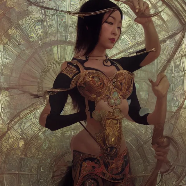 Image similar to asian domme mistress, full body, dominatrix, tribal, smooth white tight clothes suit, ornate, very beautiful, concept art, realistic painting, androgynous, afrofuturism, daz 3 d, cinematic, cgsociety, digital art by greg rutkowski, by alphonse mucha