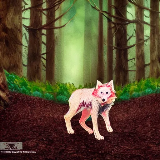 Image similar to a strawberry wolf roaming through the woods of a chocolate tree forest, photorealistic, cinematic