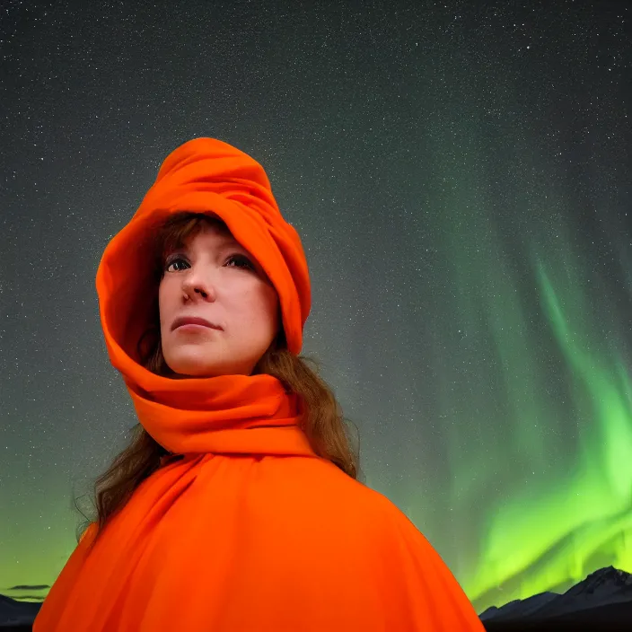 Image similar to closeup portrait of a woman wrapped in orange fiber, standing in alaska, aurora borealis in background, color photograph, by vincent desiderio, canon eos c 3 0 0, ƒ 1. 8, 3 5 mm, 8 k, medium - format print