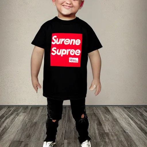 Prompt: short kid wearing a supreme shirt, detailed, studio
