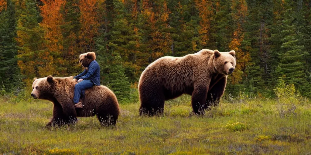 Prompt: bob ross riding on the back of a brown bear in alaska at fall season, outdoor, volumetric lighting, hyperrealistic, shutterstock contest winner, national geographic photo, stockphoto, majestic