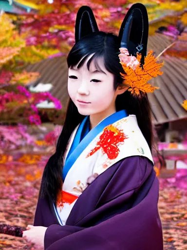 Prompt: full - color photo of a cute young japanese girl wearing the kimono of a kitsune - goddess and doing a ritual dance in a windy inari shinto shrine in kyoto full of autumn leaves. she has fox - ears, a fox - tail, hands that are fox - paws, sharp fox - teeth, and a fox - nose. highly - detailed ; professional portrait photography.