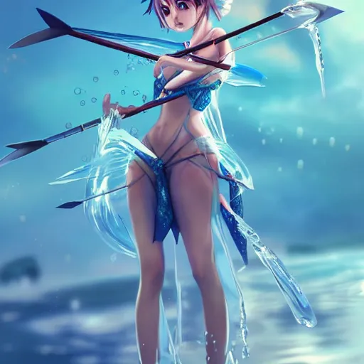 Image similar to an anime woman in an outfit made of water is doing a trick with bow and arrow, concept art by senior character artist, polycount contest winner, process art, concept art, 2d game art, full body, mid shot, artstation hd