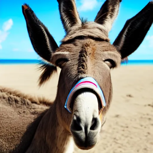 Prompt: a donkey wearing sunglasses sunbathing on a sun bed, photorealistic, 8k resolution