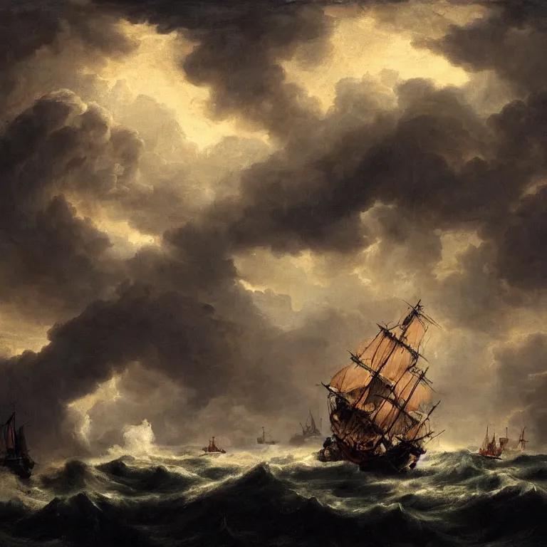 Prompt: A pirate ship sailing atop the center of the chaotic ocean approaching a massive storm, painting in the style of Fitz Hugh Lane, Dramatic Lighting, Trending on Artstation HQ, 4K, UHD