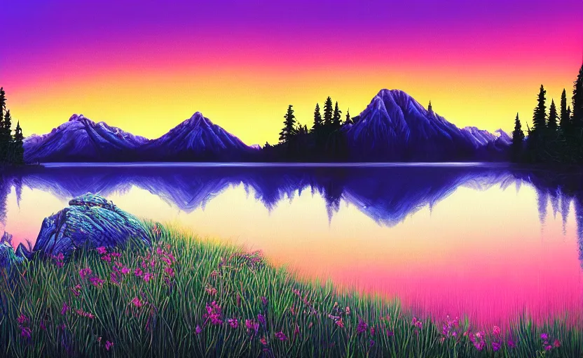 Image similar to beautiful award winning synthwave painting of a canadian lake, extreme detail, digital art, 4 k, ultra hd