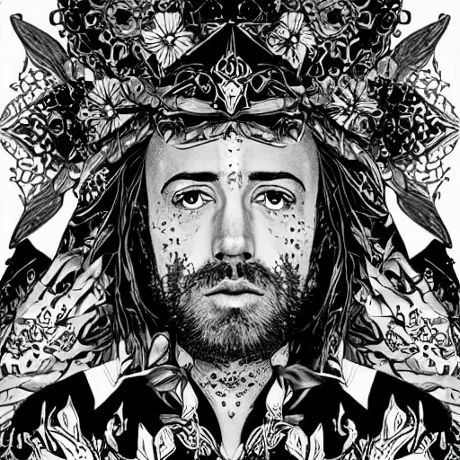 Prompt: black and white pen and ink!!!!!!! attractive Mac Miller x Kurt Cobain wearing High Royal flower print robes made of stars final form flowing royal!!! Flowing battle stance Vagabond!!!!!!!! floating magic swordsman!!!! glides through a beautiful!!!!!!! Camellia!!!! Tsubaki!!! death-flower!!!! battlefield behind!!!! dramatic esoteric!!!!!! Long hair flowing dancing illustrated in high detail!!!!!!!! by Yusuke Murata and Hiroya Oku!!!!!!!!! graphic novel published on 2049 award winning!!!! full body portrait!!!!! action exposition manga panel black and white Shonen Jump issue by David Lynch eraserhead and beautiful line art Hirohiko Araki!! Tite Kubo!!!!!, Kentaro Miura!, Jojo's Bizzare Adventure!!!!