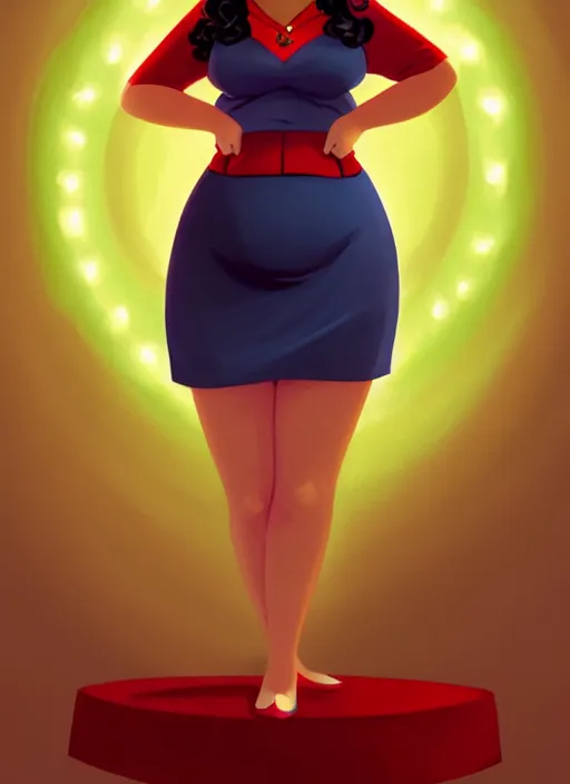 Image similar to full body portrait of teenage veronica lodge, obese, bangs, sultry, realistic, sultry smirk, wavy hair, red skirt, fat, belly, intricate, elegant, glowing lights, highly detailed, digital painting, artstation, concept art, smooth, sharp focus, illustration, art by wlop, mars ravelo and greg rutkowski