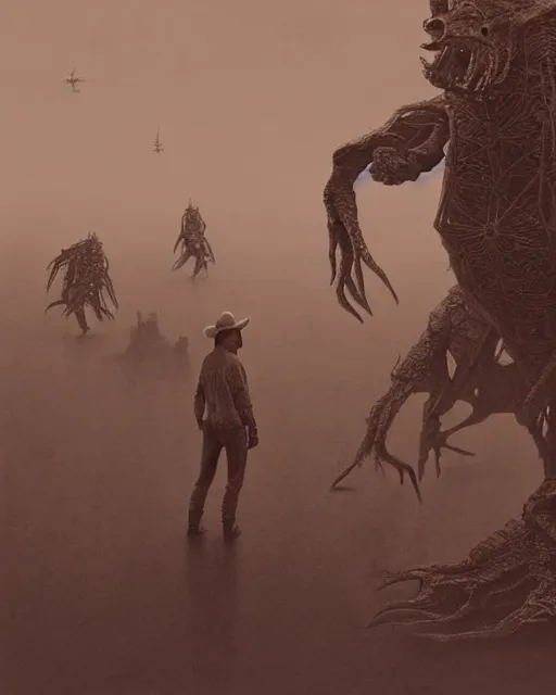 Image similar to cowboys vs kaiju, vintage old, sepia, retrofuturism sci - fi old movie, highly detailed, photorealistic, 8 k, by beksinski and stalenhag