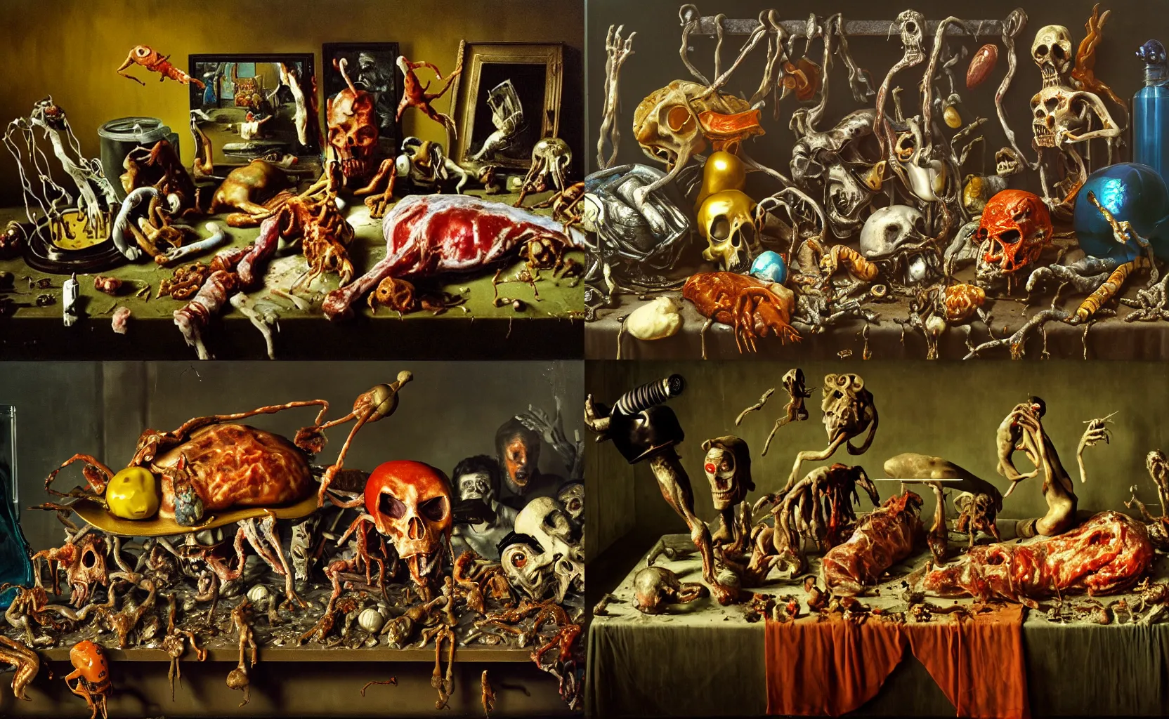 Prompt: the walking dead, disturbing colorful oil painting dutch golden age vanitas still life sparse composition with bizarre objects strange gooey transparent surfaces shiny metal reflections bizarre mutant meat insects rachel ruysch dali todd schorr very detailed perfect composition rule of thirds masterpiece canon 5 0 mm, cinematic lighting, photography, retro, film, kodachrome