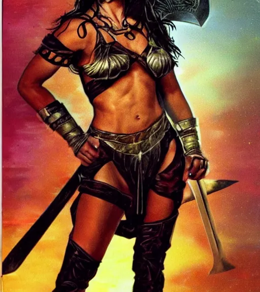 Image similar to 1 9 8 0 s fantasy novel book cover, amazonian nadine velazquez in extremely tight bikini armor wielding a cartoonishly large sword, exaggerated body features, dark and smoky background, low quality print