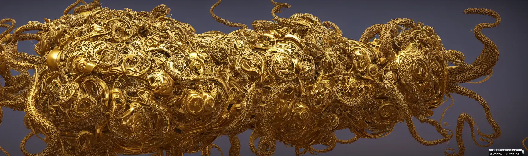 Prompt: a photo of 8k ultra realistic corrupted lovecraftian golden mothership, 8000 intricate white and gold tentacles, ornate white and gold armour, cinematic lighting, trending on artstation, 4k, hyperrealistic, focused, extreme details, unreal engine 5, cinematic, masterpiece