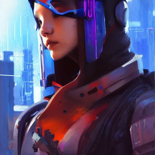 Image similar to movie still of stylized ninja - cyberpunk girl, wearing techwear and armor, complementary colors, beautiful realistic face, highly detailed, artstation, concept art, smooth, sharp focus, illustration, art by artgerm, by greg rutkowski, by jeremy mann, by francoise nielly, oil painting