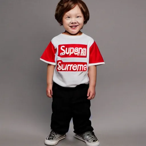 Image similar to short kid wearing a supreme shirt, detailed, studio