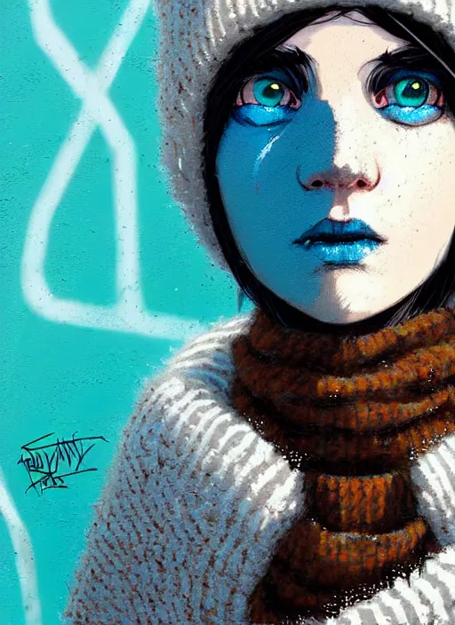 Image similar to highly detailed closeup portrait of a sewer punk lady student, beanie, harris tweed hoodie, blue eyes, frosty white hair by atey ghailan, by greg rutkowski, by greg tocchini, by james gilleard, by joe fenton, by kaethe butcher, gradient, blue, black, brown and cream color scheme, grunge aesthetic!!! white graffiti tag wall background