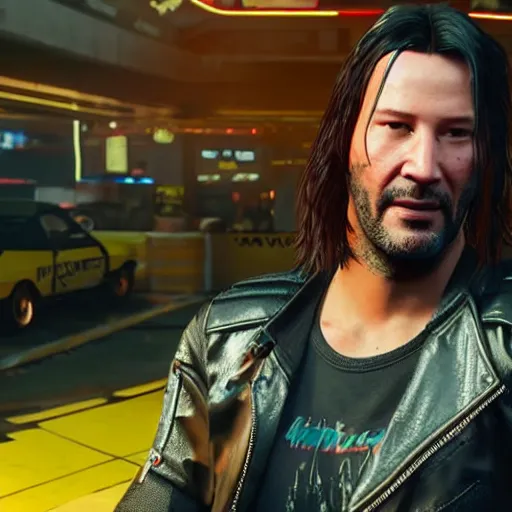 Prompt: Keanu Reaves in the Cyberpunk 2077 game