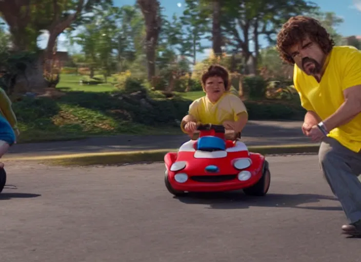 Image similar to peter dinklage racing gary coleman driving a little tikes cars, movie still, from the new fast and furious movie, 8 k, realistic