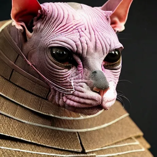 Image similar to samurai armor worn by hairless sphynx cat