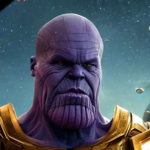 Image similar to thanos juggling planets movie still, cinematic, photorealistic, extreme detail, sharp focus, 8 k, intricate, hyper detailed, realistic, cinematic lighting