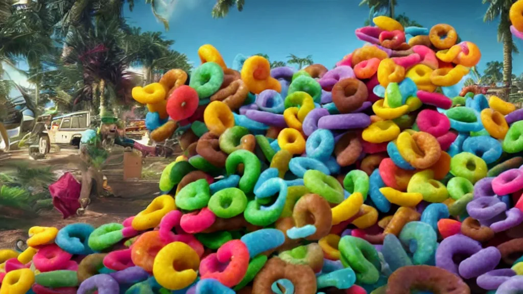 Image similar to film still of the Fruit Loops surreal action movie. amazing cgi