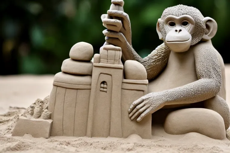 Image similar to a monkey touching a completed sand castle