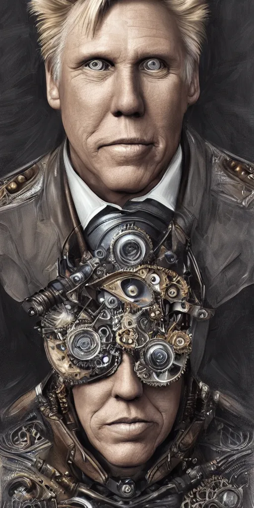 Prompt: portrait of Gary Busey, elegant, intricate, steampunk, full frontal shot, highly detailed, digital painting, artstation, concept art, sharp focus, illustration, art by artgerm and H.R. Giger