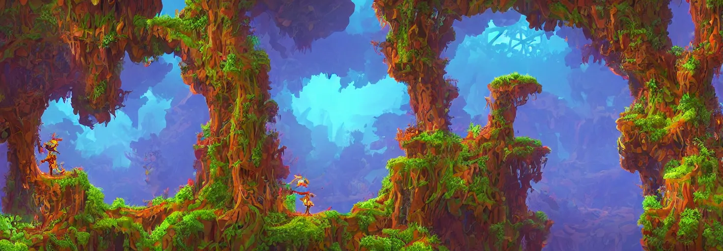 Prompt: fractal forest, mandelbulber vector art, side-scrolling 2d platformer game, trending on artstation, 30mm, by Noah Bradley