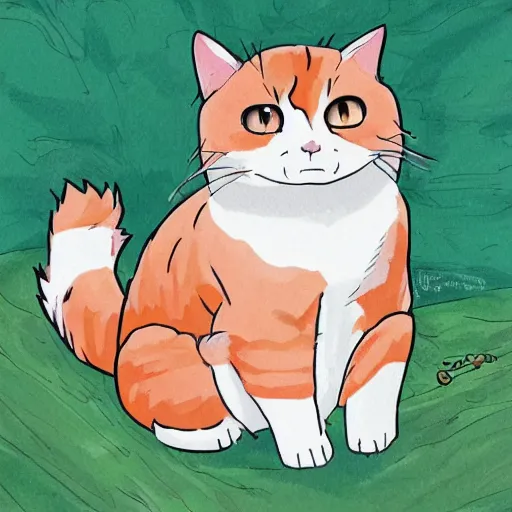 Prompt: illustrated chonky calico calico-cat!!!!!! In the style of Studio Ghibli!!! Calico, Colorful