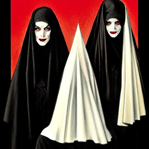 Prompt: in the style of Gottfried Helnwein, Steve Niles Norman Rockwell, three female witches dressed in black with veils:: graveyard:: red moon:: vampire blonde woman::