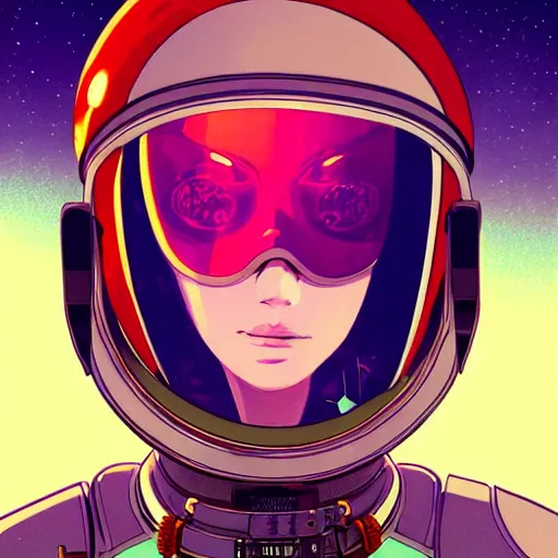 Prompt: realistic detailed cyberpunk close up portrait of a lovely attractive space waitress space helmet by Anna and Elena Balbusso, Akira, Ghost in the Shell, studio Ghibli, anime Art Nouveau, rich deep vibrant colors, futuristic, sci-fi