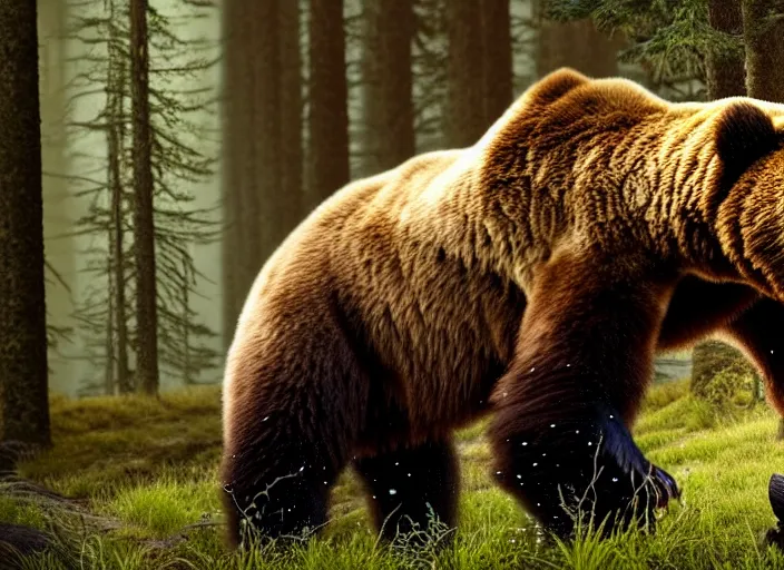 Prompt: photo of chuck norris riding his grizzly bear, in the forest. fantasy magic style. highly detailed 8 k. intricate. nikon d 8 5 0 5 5 mm. award winning photography.