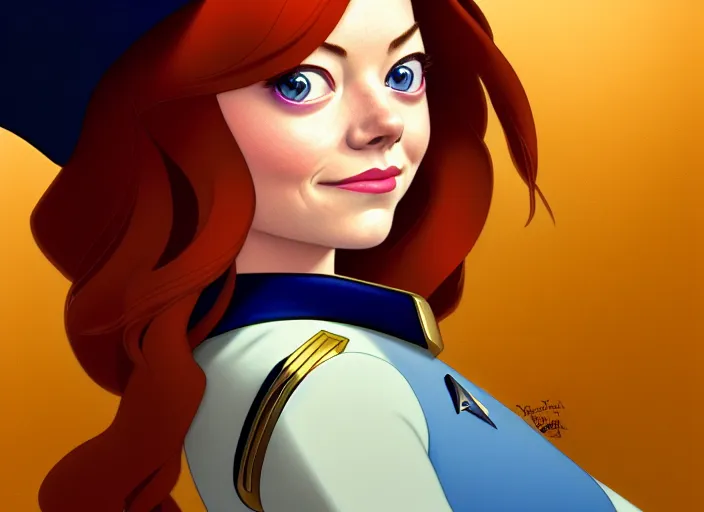 Image similar to a disney film still of emma stone as a star trek officer, finely detailed features, closeup of the face, perfect art, dusk, blue hour, gapmoe yandere grimdark, trending on pixiv fanbox, painted by greg rutkowski, makoto shinkai, takashi takeuchi, alphonse mucha, akihiko yoshida